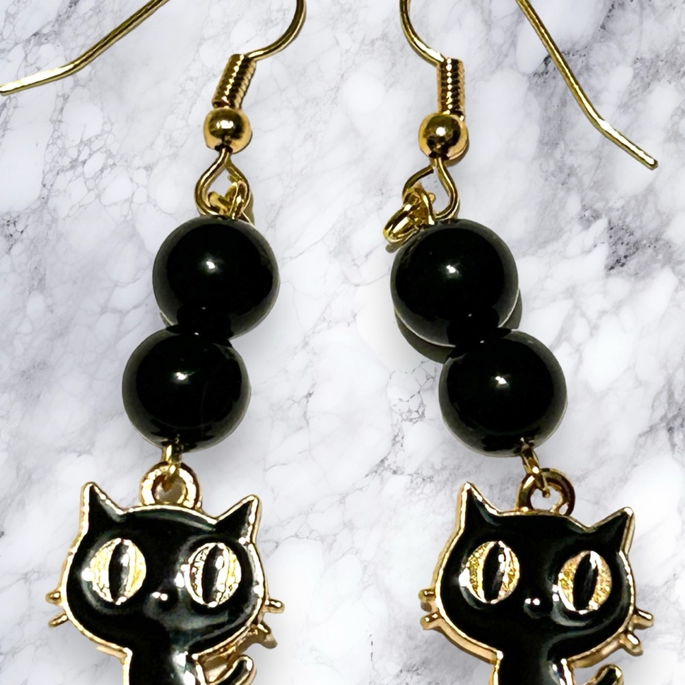 Hand Crafted Earring Black Cats Obsidian Kitty Dangle Pierced Hypoallergenic - Picture 2 of 8